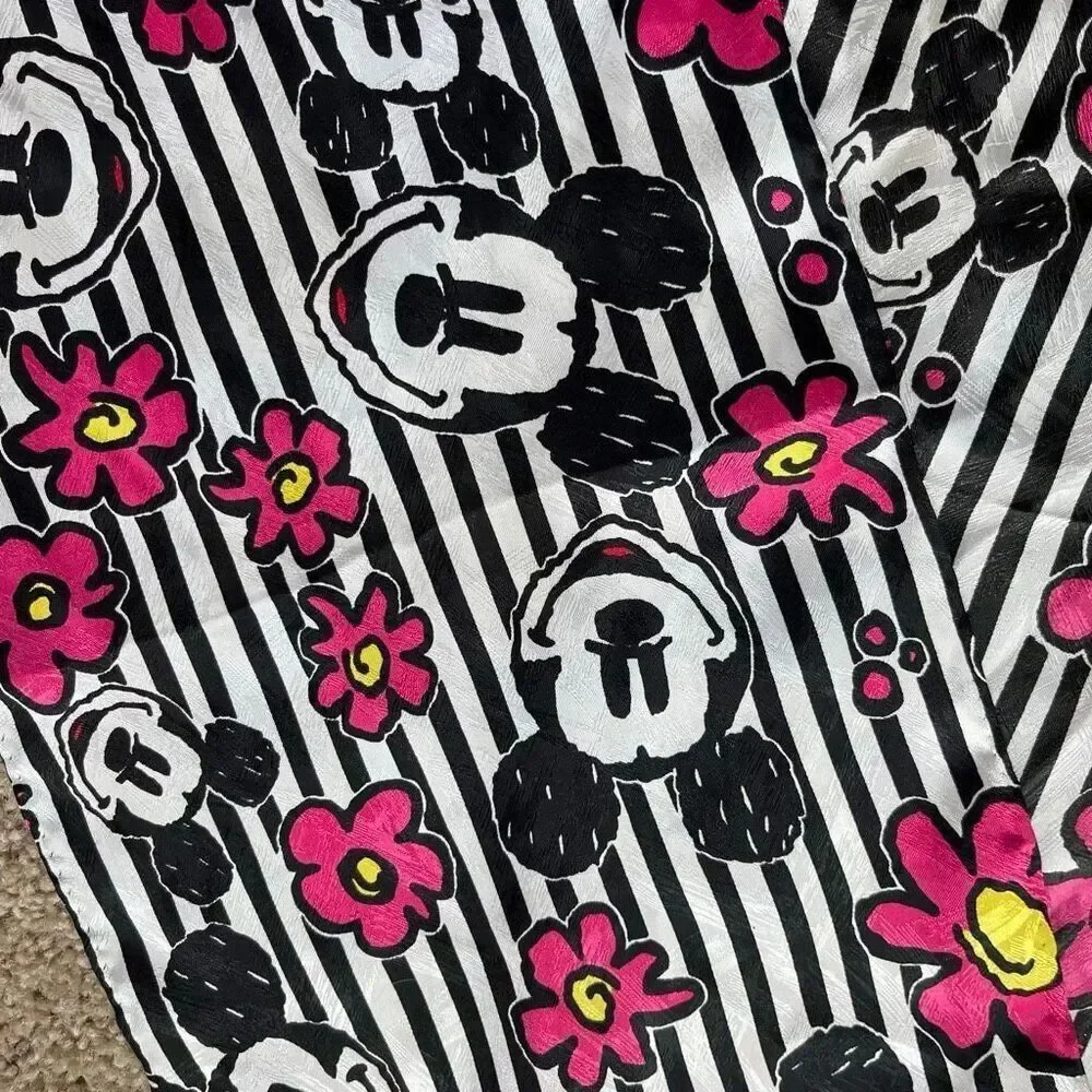 VTG Mickey Mouse Graphic Scarf Black White Pink Stripes 10x52 Disney Style